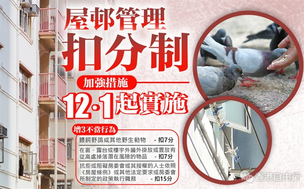 屋邨管理扣分制加强措施12·1起实施　增3不当行为含喂野鸽等